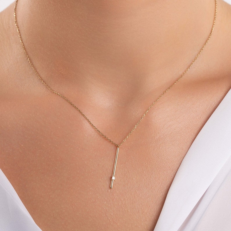 Vertical Diamond Bar 14k Solid Gold Minimalist Necklace