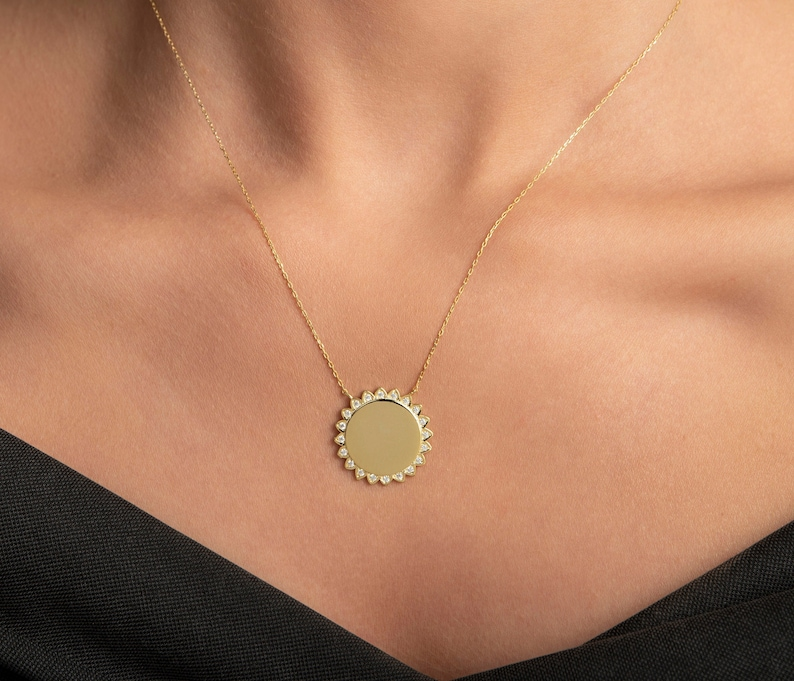 14K Solid Gold Sun Disk Initial Personalized Necklace