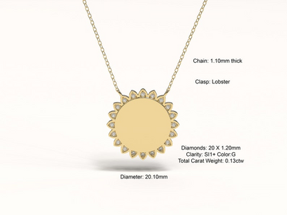 14K Solid Gold Sun Disk Initial Personalized Necklace