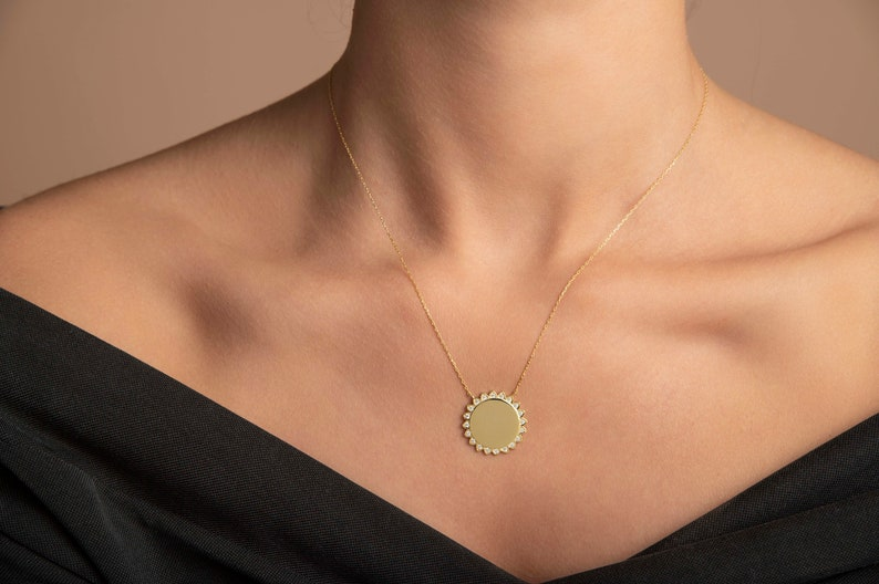 14K Solid Gold Sun Disk Initial Personalized Necklace