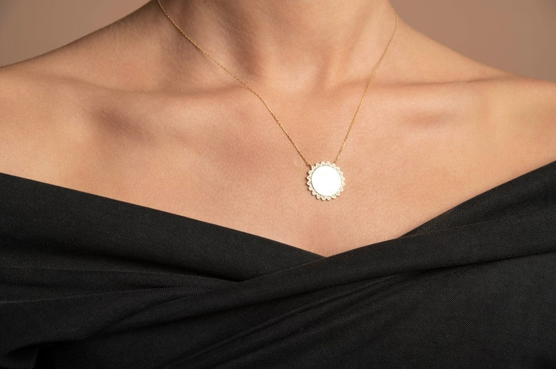 14k Solid Gold Circle Sun Pendant Necklace