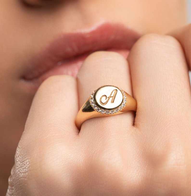 14K Personalized Engraved Gold Diamond Signet Ring