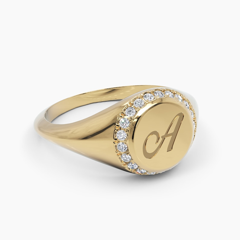 14K Personalized Engraved Gold Diamond Signet Ring