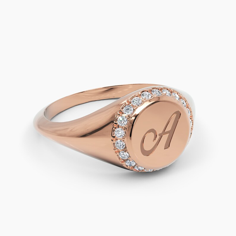 14K Personalized Engraved Gold Diamond Signet Ring