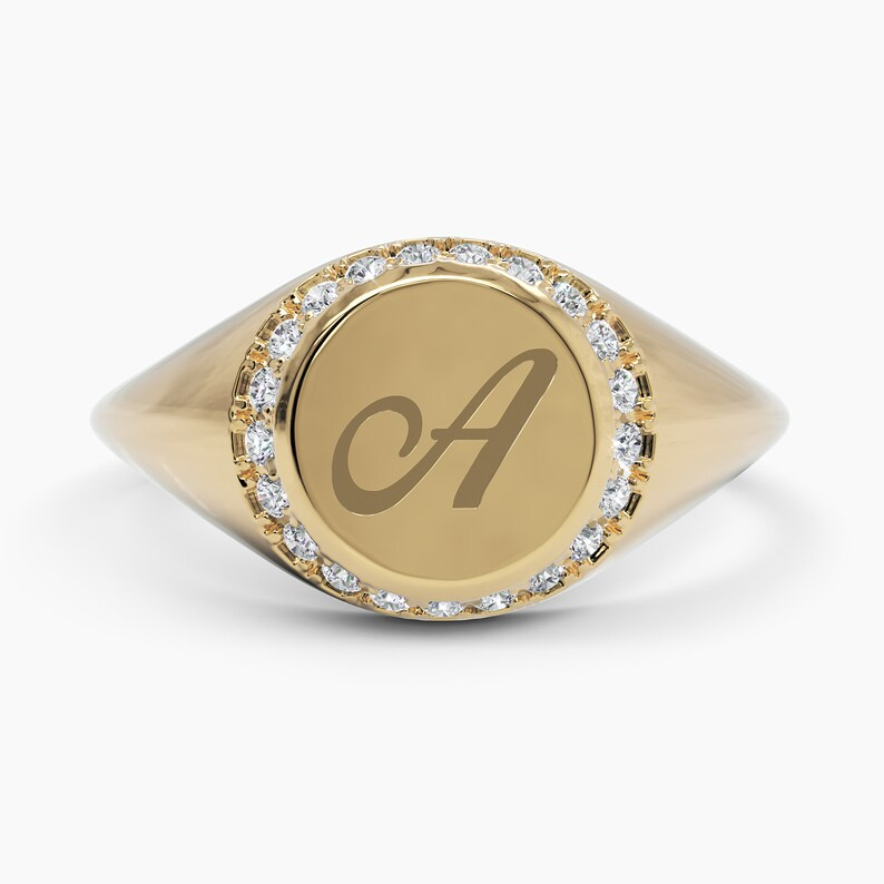 14K Personalized Engraved Gold Diamond Signet Ring