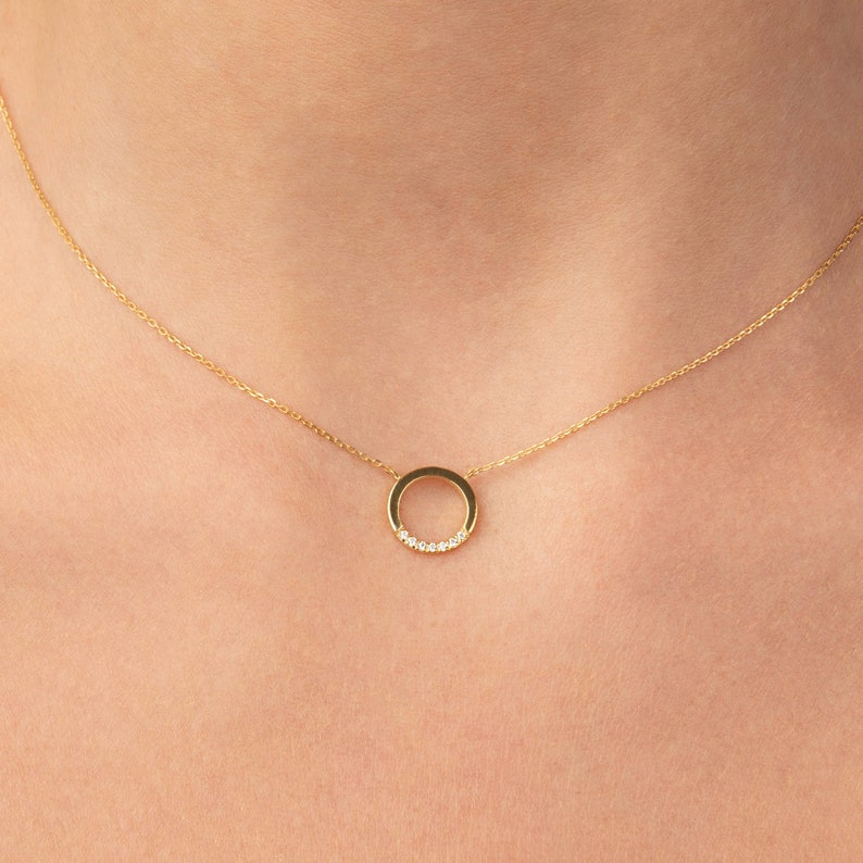 14k Solid Gold Round Circle Karma Diamond Necklace