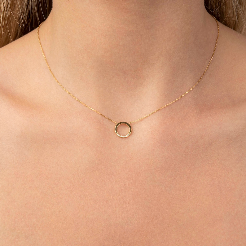 14k Solid Gold Round Circle Karma Diamond Necklace