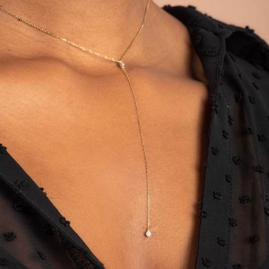 Dainty Lariat Delicate Y Solid Gold Diamond Necklace