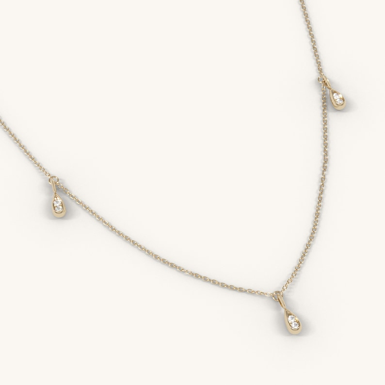 Solid 14K Gold Diamond Droplet Station Necklace