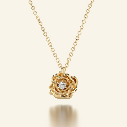 14K Rose Diamond Pendant Floral Solid Gold Necklace