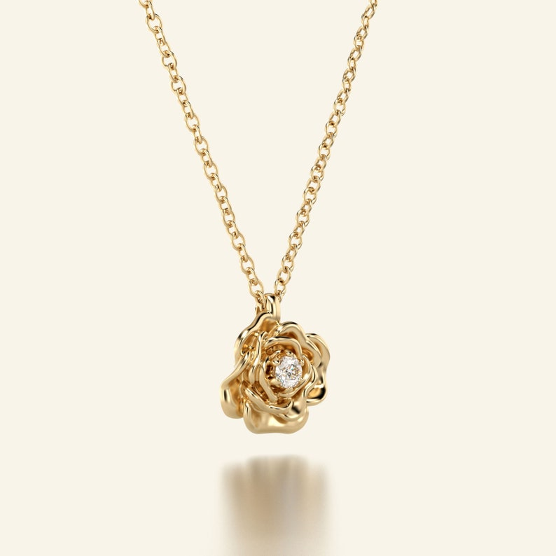 14K Rose Diamond Pendant Floral Solid Gold Necklace