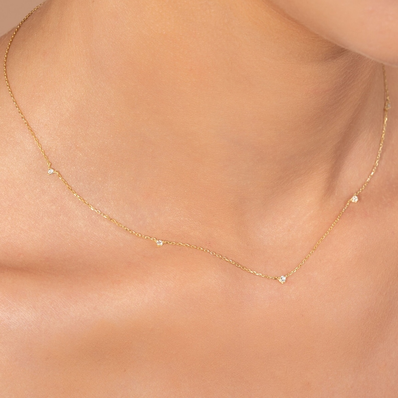 14k Real Solid Gold Jewelry Diamond Station Necklace