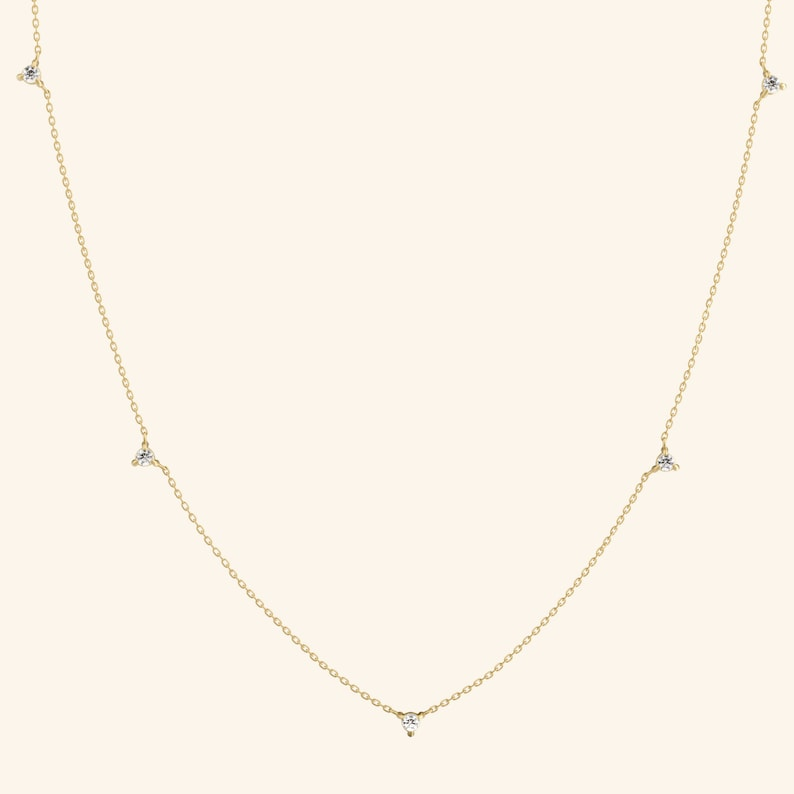 14k Real Solid Gold Jewelry Diamond Station Necklace