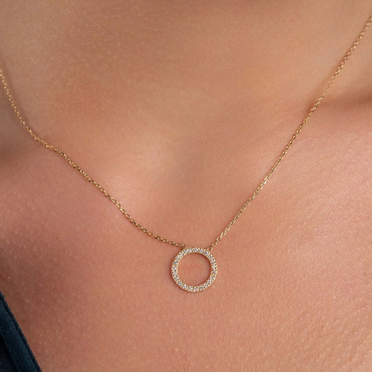 14k Solid Gold Round Pendant Diamond Necklace