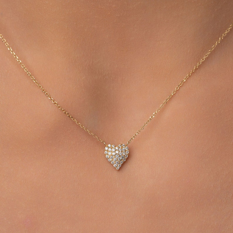 14k Gold Diamond Heart Dainty Love Solid Necklace