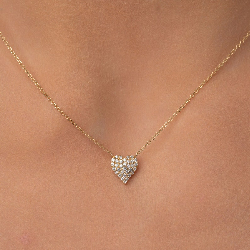 14K Real Diamond Heart Solid Gold Pave Love Necklace