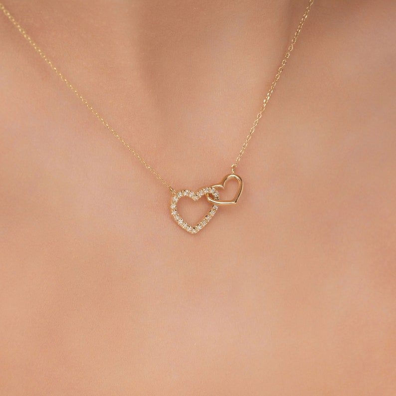 14K Interlocking Diamond Gold Two Heart Necklace