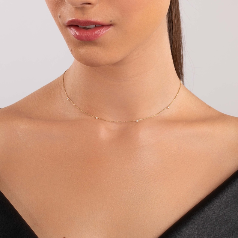 14K Gold Diamond Tiny Choker Dainty Necklace Gift