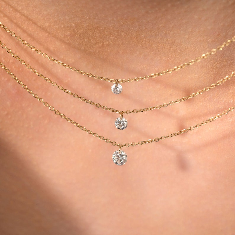 14K Gold Nude Diamond Solitaire Drilled Diamond Necklace