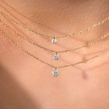 14K Gold Nude Diamond Solitaire Drilled Diamond Necklace