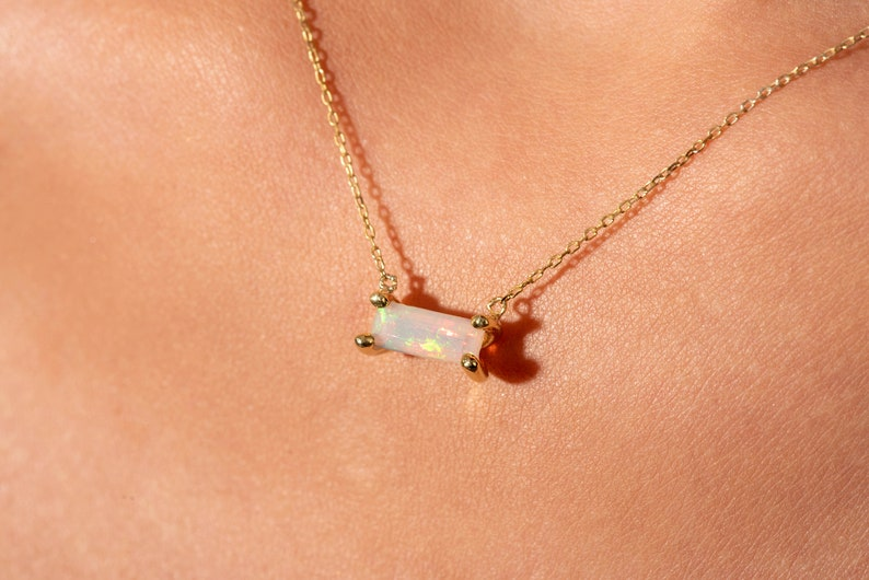 14K Gold Baguette Natural Opal Necklace