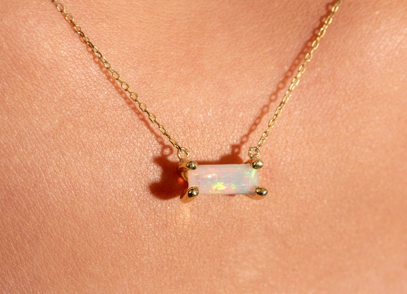 14K Gold Baguette Natural Opal Necklace