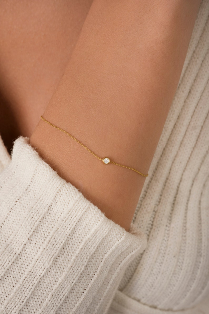 14K Gold Diamond Solitaire Dainty Bezel Bracelet