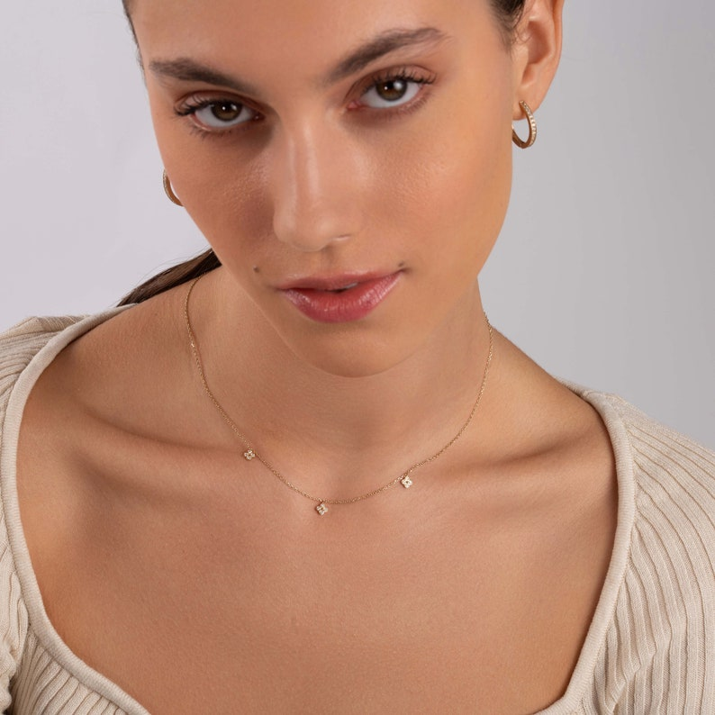 14k Solid Gold Diamond Everyday Clover Necklace