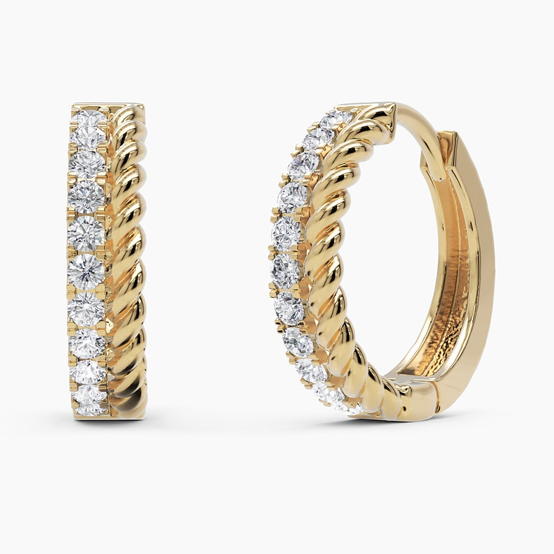 14K Rope Diamond Huggie Hoops Earrings