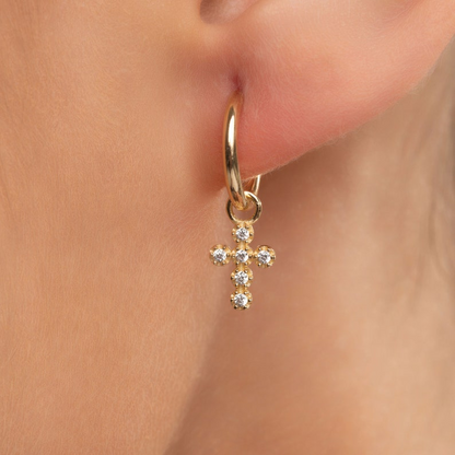 14k Solid Gold Hoops Diamond Cross Earring