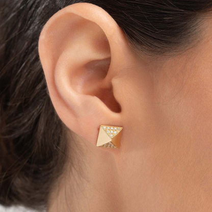 14K Pyramid Gold Pave Prong Diamond Stud Earrings