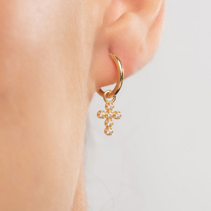 14k Solid Gold Hoops Diamond Cross Earring