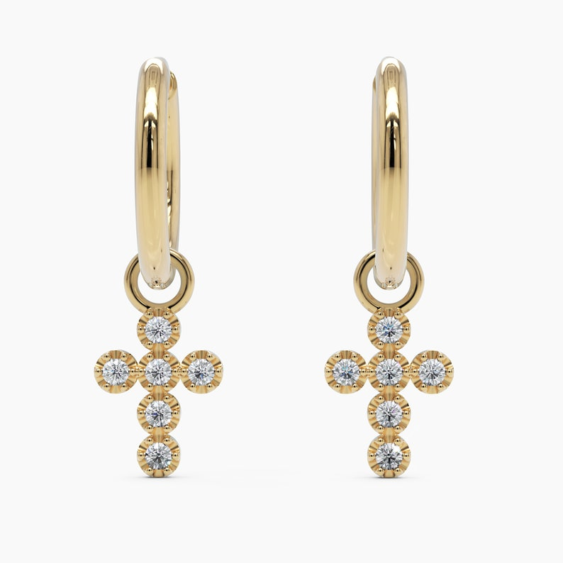 14k Solid Gold Hoops Diamond Cross Earring