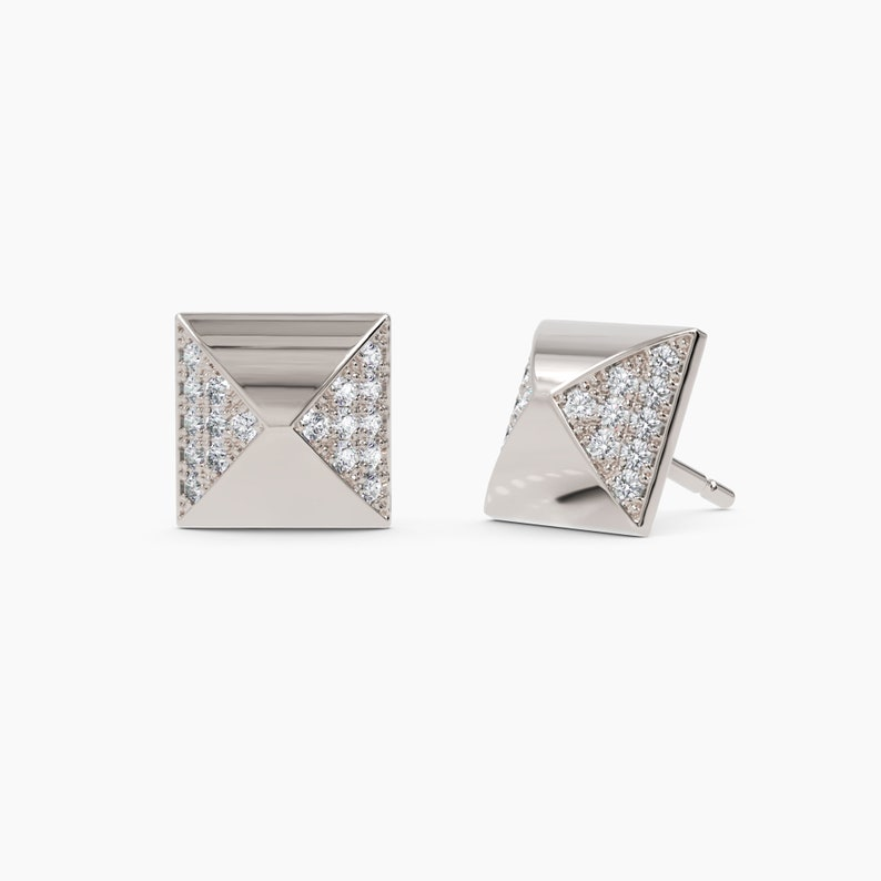 14K Pyramid Gold Pave Prong Diamond Stud Earrings