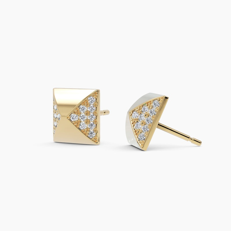 14K Pyramid Gold Pave Prong Diamond Stud Earrings