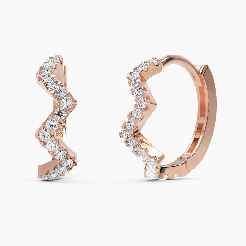 14K Huggie Pave Gold Zig Zag Diamond Earrings