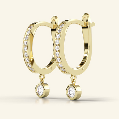 14k Solid Gold Diamond Hoop Bezel Dainty Huggies Earrings