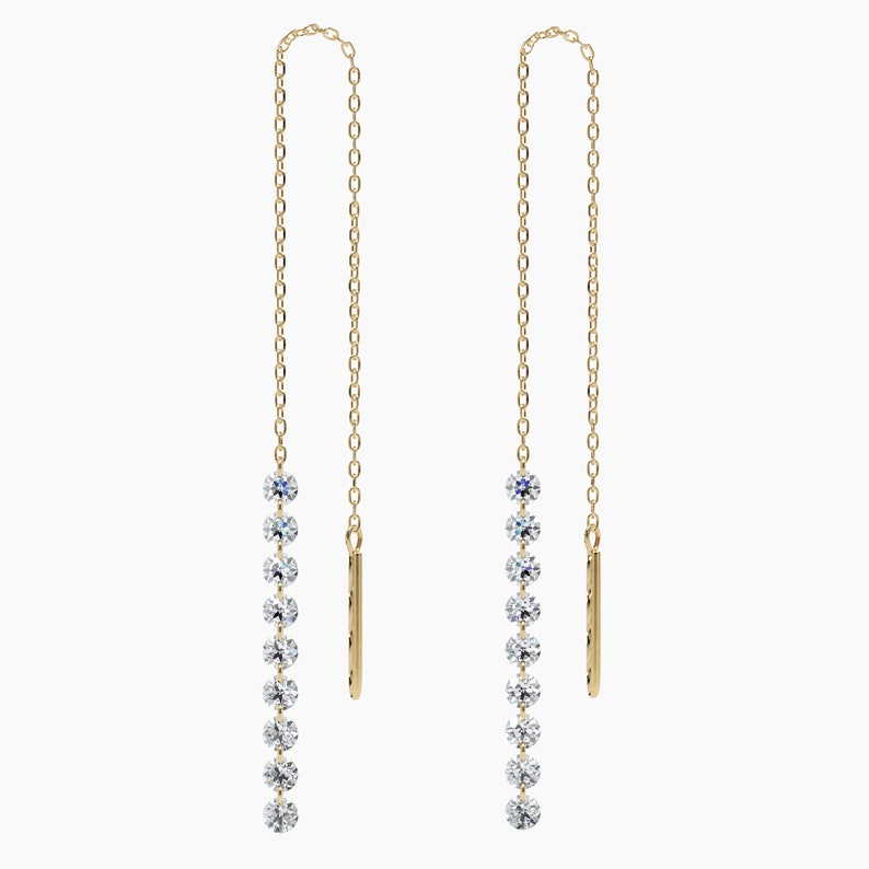 14k Dainty Threader Solid Gold Diamond Chain Earrings