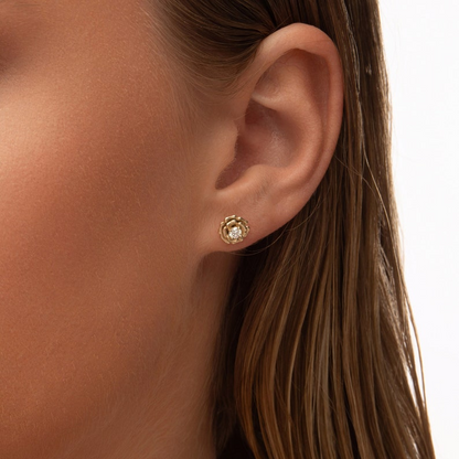 14k Solid Gold Rose Flower Stud Earrings