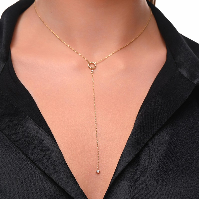 14k Gold Diamond Layering Lariat Long Necklace