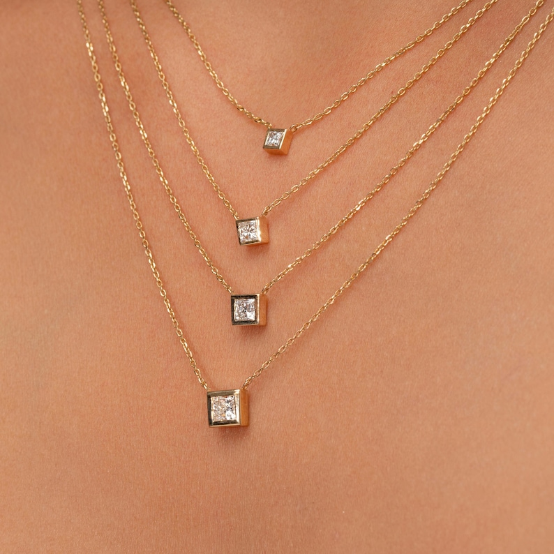 14k Solid Gold Princess Cut Diamond Solitaire Necklace