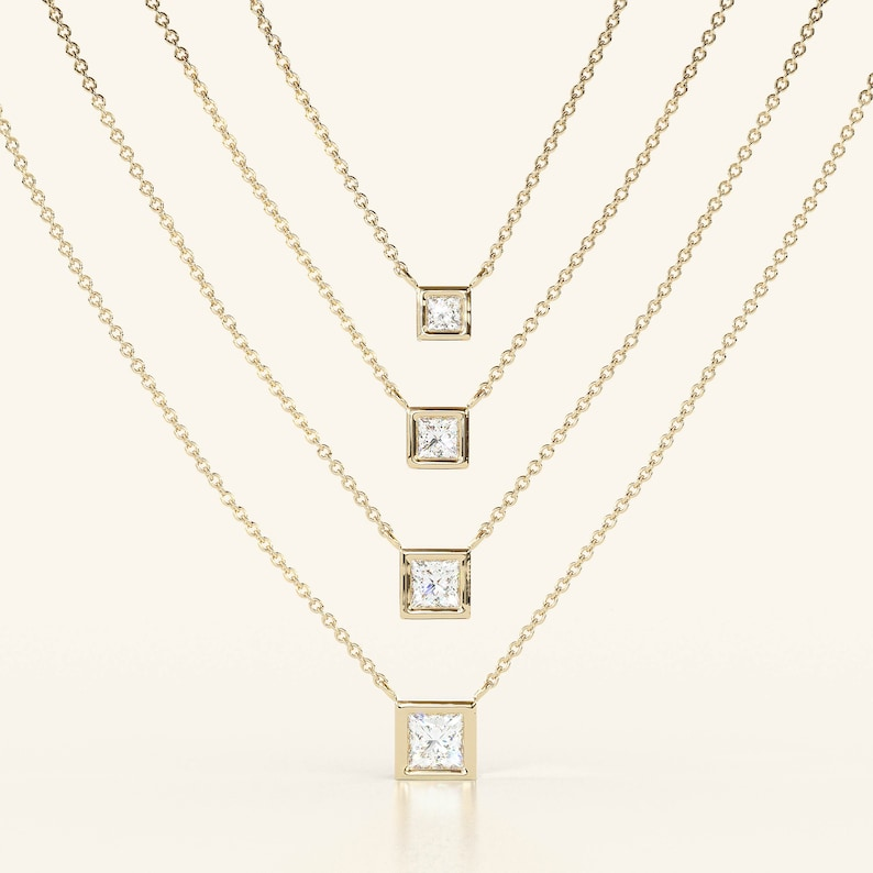 14k Solid Gold Princess Cut Diamond Solitaire Necklace