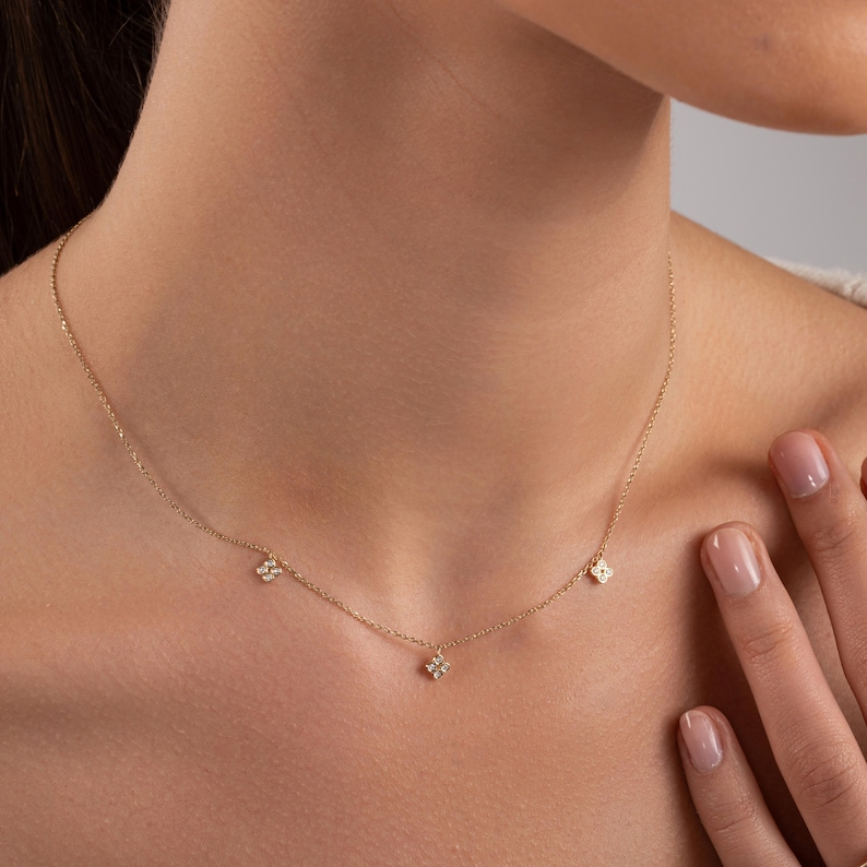 14k Solid Gold Diamond Everyday Clover Necklace