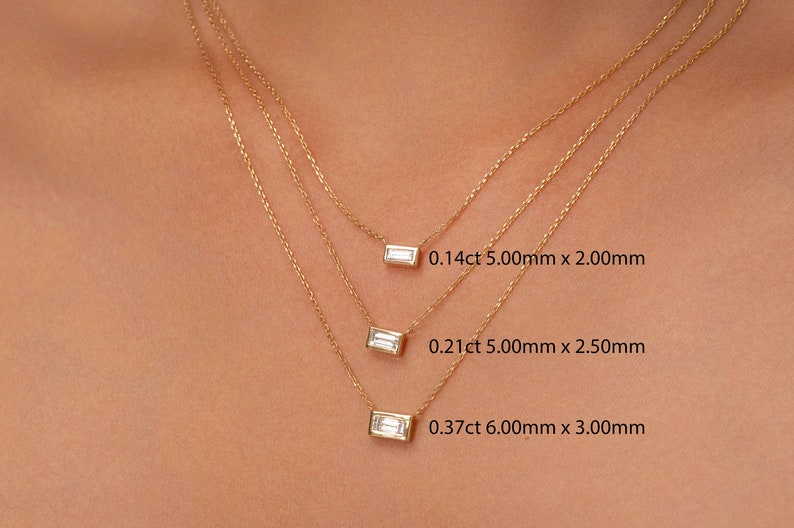 14k Solid Gold Baguette Dainty Diamond Necklace