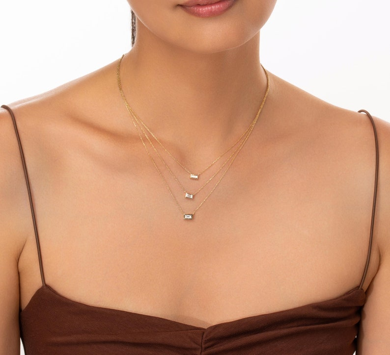 14k Solid Gold Baguette Dainty Diamond Necklace