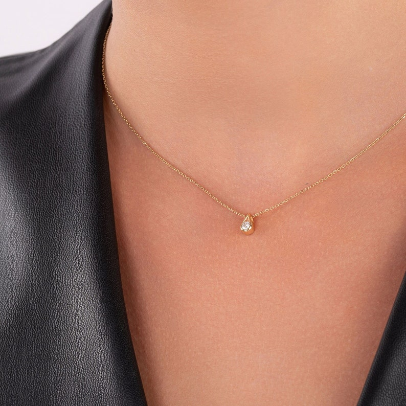 14K Minimalist Solid Gold Diamond Solitaire Dainty Necklace