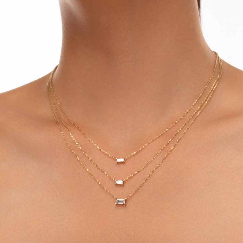 Baguette Cut 14k Gold Rectangular Diamond Necklace