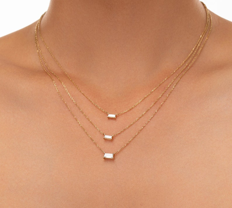 Baguette Cut 14k Gold Rectangular Diamond Necklace