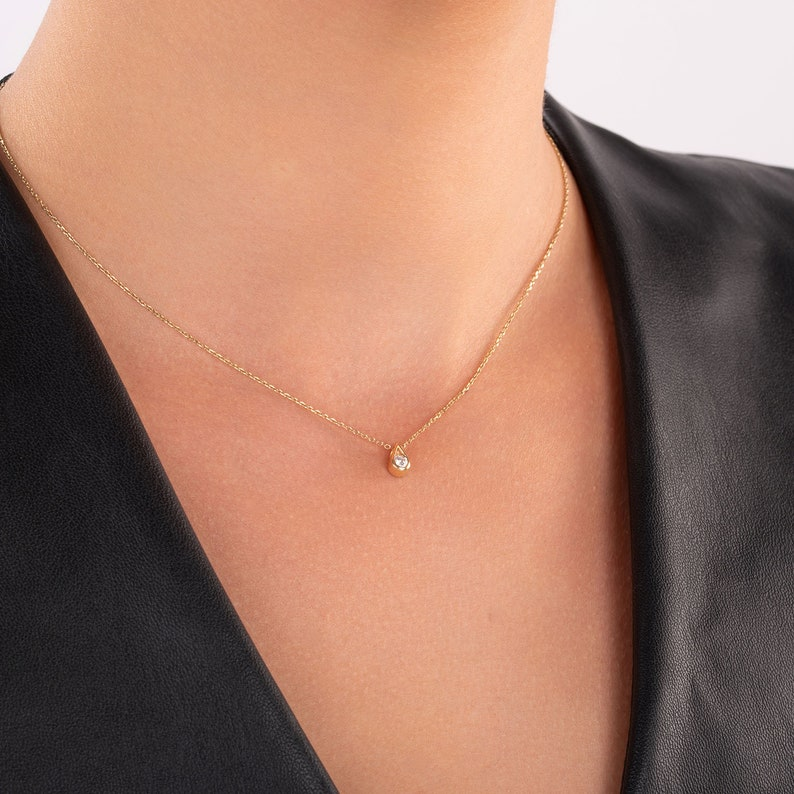 14K Minimalist Solid Gold Diamond Solitaire Dainty Necklace