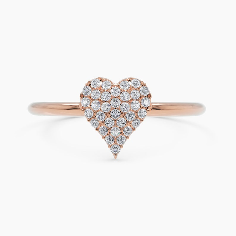 14K Heart Pave Diamond Solid Gold Love Ring